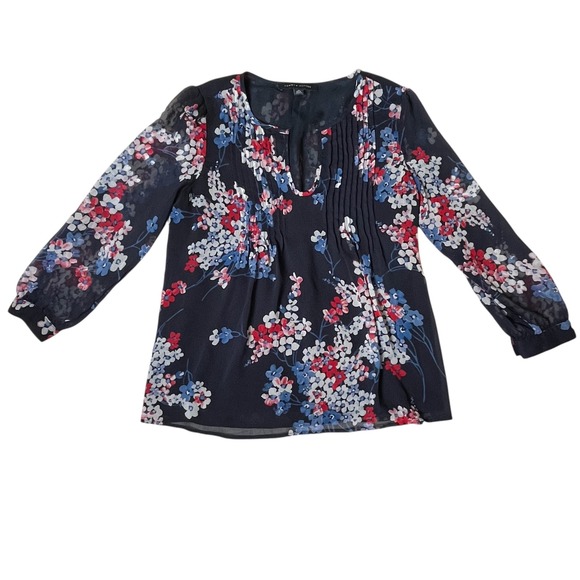 Tommy Hilfiger Floral Blouse Pleated Long‎ Sleeve Top Navy Blue Red Size XS - Picture 1 of 8